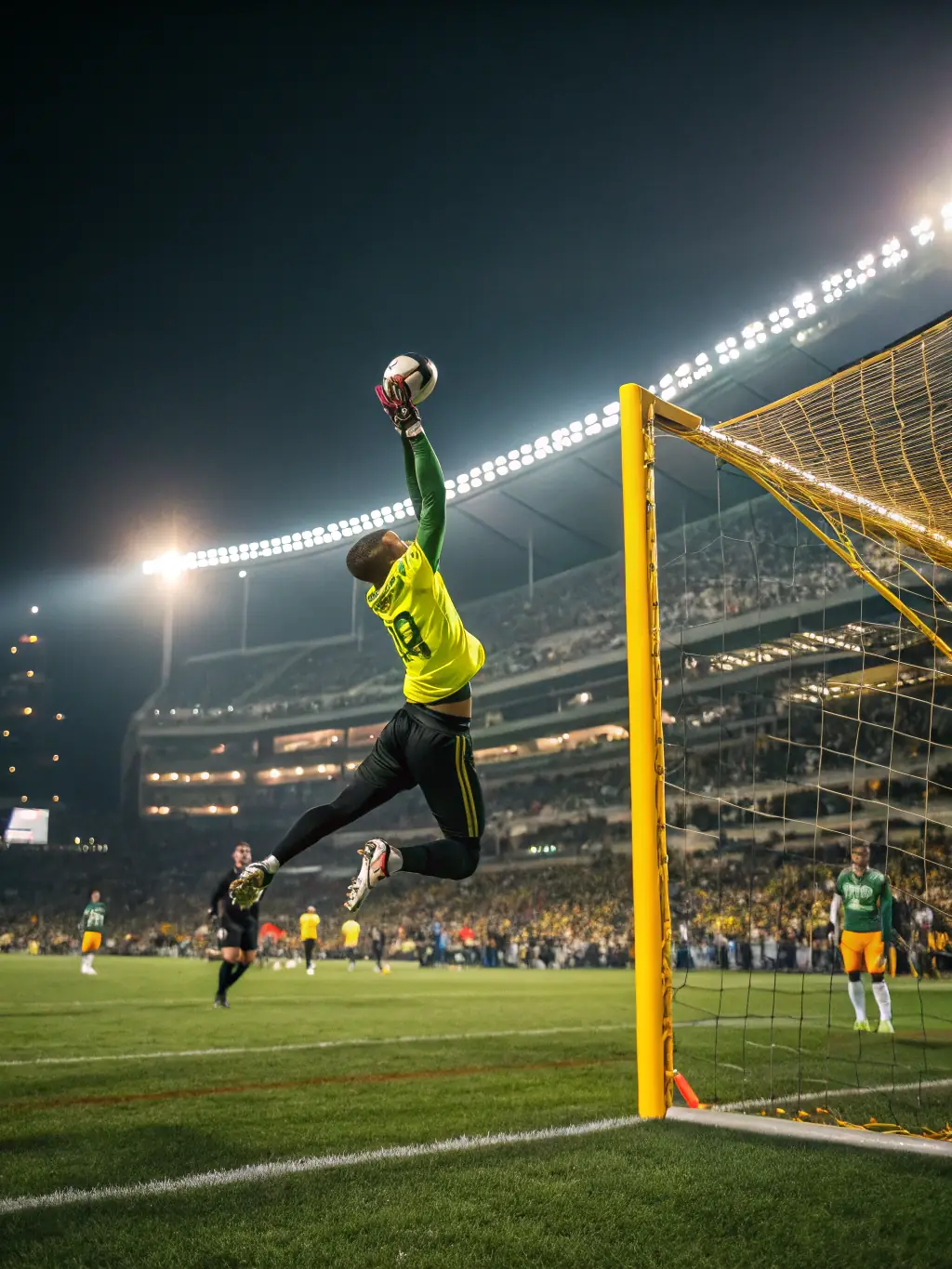 A vibrant image capturing the moment a Brazilian football player scores a goal, with fans cheering in the background, symbolizing a key moment in a live game.